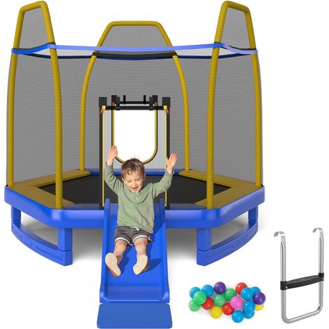 7FT Kids Trampoline Toddler Fitness Jumper Safety Enclosure Ladder With Slide (1/5)