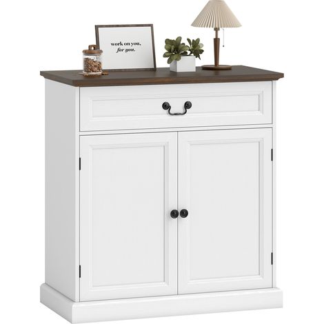 Buffet - HOMCOM - 2 portes, tiroir silencieux, étagère réglable - panneau de particules et MDF - 80x40x85cm - blanc et marron (1/5)