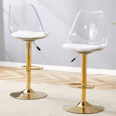 Lot de 2 tabourets de bar ajustables, dossier en plastique transparent et sièges en similicuir PU, piètement métallique doré. Réglables en hauteur avec rotation 360°, parfaits pour cuisines, bars et s