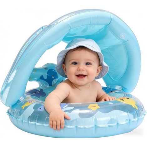 Siège de piscine bébé – Pare-soleil – Imprimé animaux marins – 0-4 ans – Bleu clair – Anti-bascule (1/5)