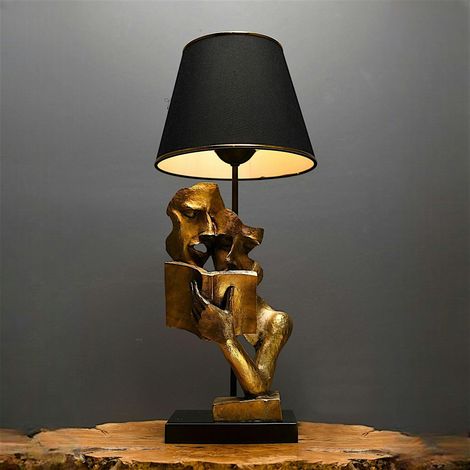 Lampe de salon décorative noire & or, visages et livre SILE (1/2)