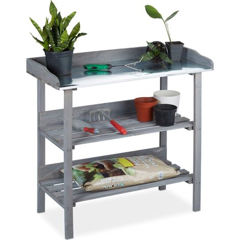 Table à Plantes, Plaque métallique, Table de dépotage avec rangements, Bois, Jardin, 86 x 92 x 41 cm, Gris (1/5)