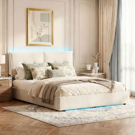 Letto contenitore 140x190 - POCKETPOP - Velluto beige - Con LED e rete a doghe - 2 posti