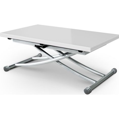 Cotecosy – Table basse relevable extensible blanche laquée – Hauteur réglable 39-76,3 cm – Plateau MDF – Pieds en métal avec roulettes (1/2)