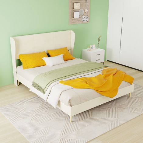 Lit rembourré moderne minimaliste avec tête de lit moelleuse, 140x200 cm, beige, meuble de chambre multifonctionnel, base basse sans rangement (sans vérin à gaz), matelas non inclus. (1/5)