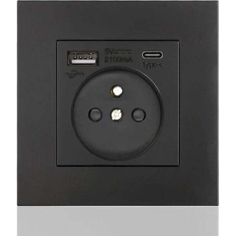 Panneau de prises françaises Type-c+USB16A Type 86, nombre de prises : 2 trous, nombre de ports USB : 1, nombre de ports type-c : 1, sûr et ferme(carré noir)