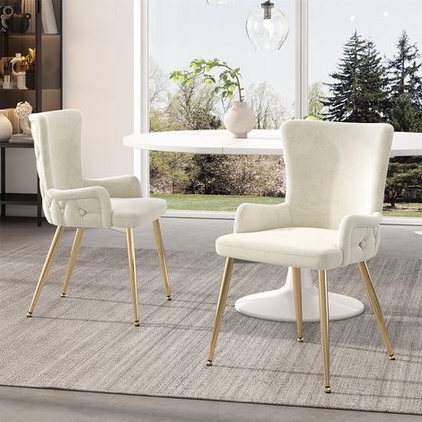 Velvet Dining & Lounge Chair - Luxurious Upholstered Armchair with Silver Metal Legs for Living Room & Bedroom Set of 2, Beige (1/5)