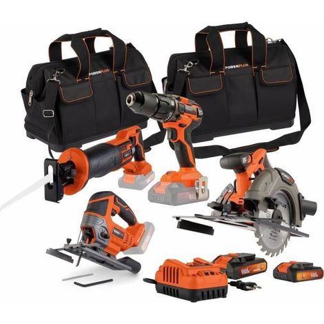 4er Werkzeugset - DUAL POWER - 20 V - Bohrschrauber + Sägen (Stichsäge, Säbelsäge, Kreissäge) - 2 Batterien und Ladegerät