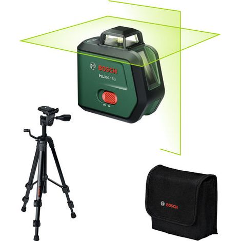 Set laser a linee incrociate Bosch PLL360-15G, 1 batteria ricaricabile BA 3,6V 2,0Ah con treppiede e borsa