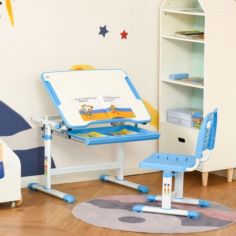 Ensemble bureau et chaise 2 en 1 pour enfants de 6 ans et plus, avec table réglable en hauteur et en inclinaison et plateau coulissant, 66 x 47 x 77 cm, bleu (1/5)