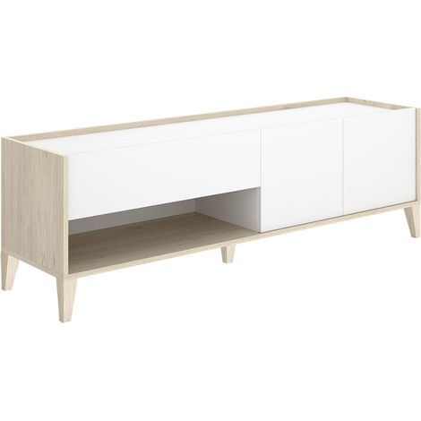 Meuble TV bas avec 2 tiroirs, 2 portes battantes et 1 niche, coloris naturel/blanc - Hauteur 50 x Longueur 150 x Profondeur 39,2 cm (1/5)