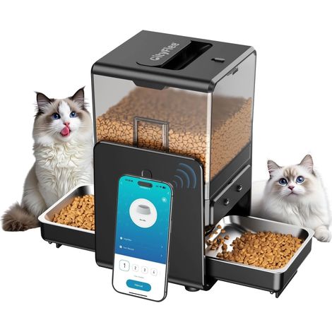 Distributeur automatique pour 2 chats contrôlé par application hauteur réglable pour les petits animaux équipé de 2 gamelles, d'un réservoir de 5 litres pour aliments secs, d'une fonction d'enregist