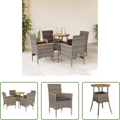 Gartentisch - 5-tlg. Garten-Essgruppe mit Kissen Grau Poly Rattan Akazie (1/5)