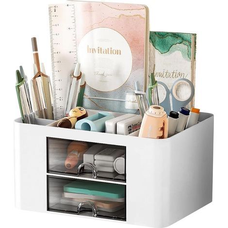 Schreibtisch-Organizer, multifunktionaler Stiftehalter mit 5 Fächern und 2 Schubladen, Kunststoffschale, ideal für Zuhause und Schule. (1/5)