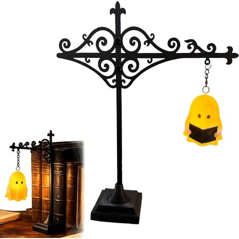 Serre-livres en métal avec lampe - Lampe de bibliothèque hantée - Lampe décorative d'angle de lecture - Lampe de bibliothèque LED antique - Cadeau d'Halloween unique - Sv (1/5)