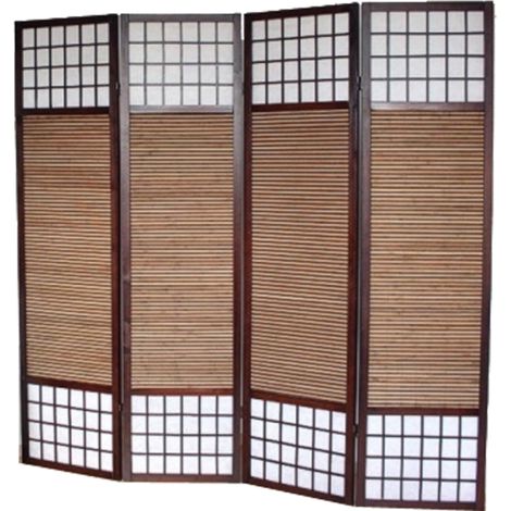 Pegane – Paravent séparateur de pièce en bois et bambou 4 pans – Hauteur 2 m – Design avec quadrillage et papier de riz – Idéal pour espaces intérieurs
