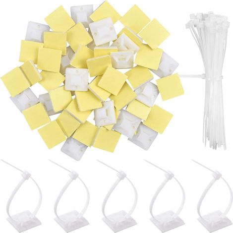 50 Pieces Nylon Cable Ties 20 mm x 20 mm Self-Adhesive Base Brackets with 100 mm x 3 mm Plastic Cable Ties for Fixing Electric Cable, White (1/5)