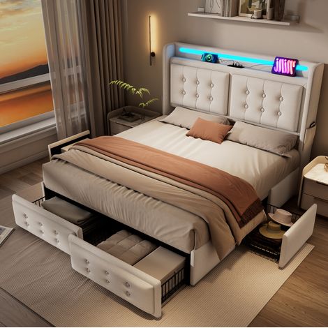 Cama con almacenaje 180x200 cm con LED, USB-C, 4 cajones, beige HAVRYA (1/5)