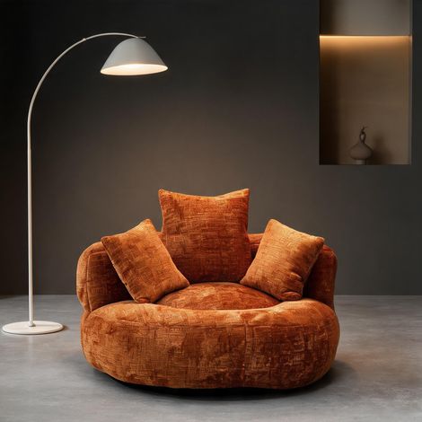 Pouf poire rond en tissu chenille orange avec dossier haut (1/5)