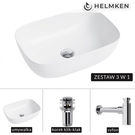 Lavabo à poser Helmken 49346000 (46 x 32) Blanc + Siphon chromé + Bouchon clic-clac chromé (1/5)