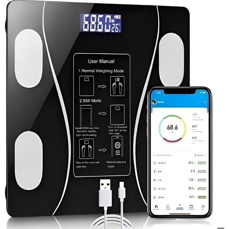 (Schwarze) Körperanalysewaage, smarte Bluetooth-Körperwaage, USB-Ladefunktion mit 19 Körperanalysepunkten für iOS/Android (1/5)
