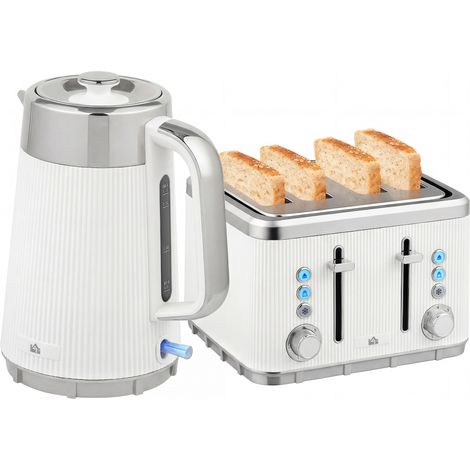 Electric Stainless Steel Kettle and Toaster Set, 3000W 1.7L UK Strix Thermostat Fast Boil Kettle w/ Limescale Filter, Cool Touch Body, 4 Slice Toaster with 7 Browning Levels, White (1/5)