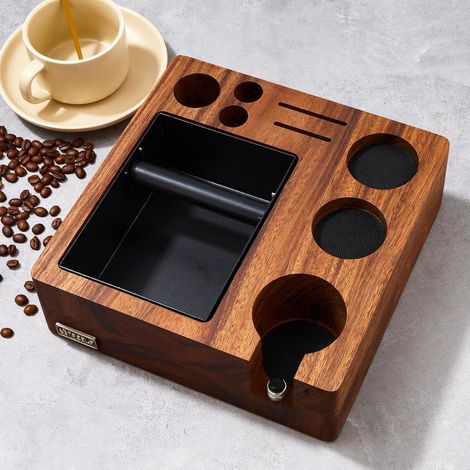 Porte-tasseur à café, poignée pour machine à café, rangement assorti, porte-tasseur en noyer et hêtre, porte-doseur à café moulu (1/5)
