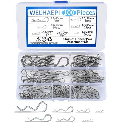 100 Pièces Assortiment de Goupilles à Ressort, Goupilles Fendues R Clips, R Cotter Pin Clips Fixation Cotter Broches en Acier Inoxydable pour Attelage, Tracteurs, Tondeuses à Gazon
