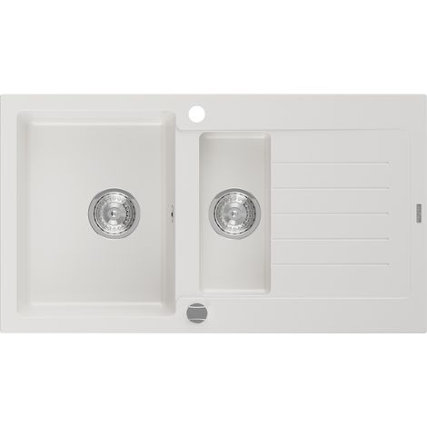 Mexen Matias lavello in granito 1,5 vasche con sgocciolatoio 900 x 505 mm, bianco, sifone cromato - 6502901505-20 (1/5)