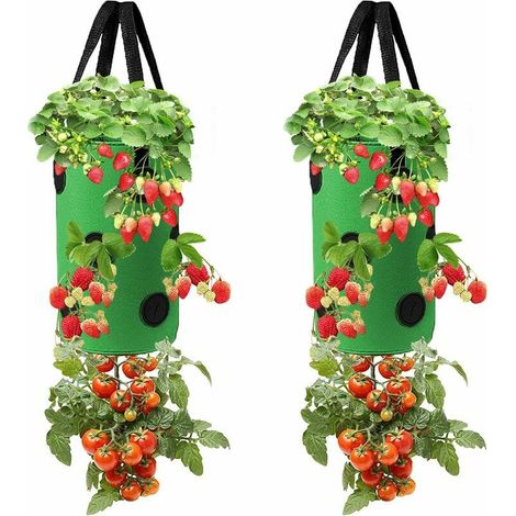 Sac de plantation à l'envers 2 pièces, jardinière de fraises suspendue Jardins de jardinière à l'envers Sac de plantes à racines nues à la fraise Sacs de plantation de légumes de jardin avec trous pou (1/5)
