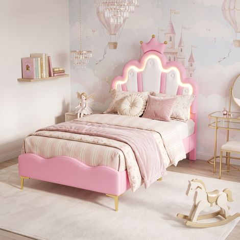 Superaly Lit Double Rembourré 140x190 cm, Lit Enfant avec Lumière LED, Tête de Lit Réglable, Cloud Design avec Couronne, Lit pour Fille Princess Wind design, Sommier à lattes, PU, Rose