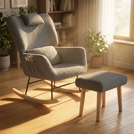 Fauteuil à bascule avec repose-pieds 75x75x92.5cm chaise rocking chair de salon ergonomique en tissu bouclé effet laine d'agneau pieds métal et bois - gris (1/5)
