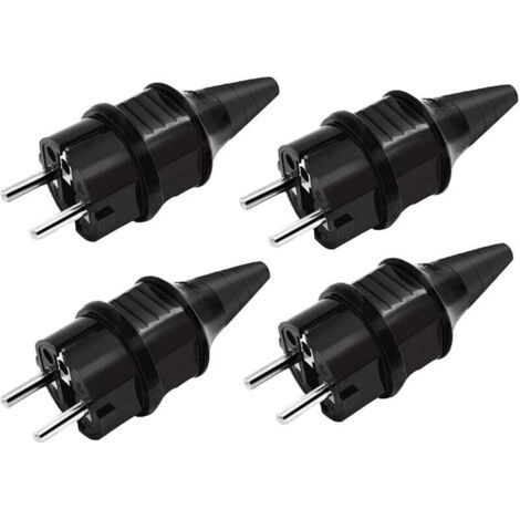 Fiches de rechange [Lot de 4] Fiches mâles standard, 4 fiches de terre en caoutchouc (250 V/16 A), prises de courant étanches IP44, noires