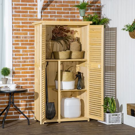 Outsunny Gartenschrank Holz Geräteschuppen Gerätehaus mit Asphaltdach Lamellentür Geräteschrank Schuppen Garten 4 Fächer Naturholz 87 x 46,5 x 160 cm
