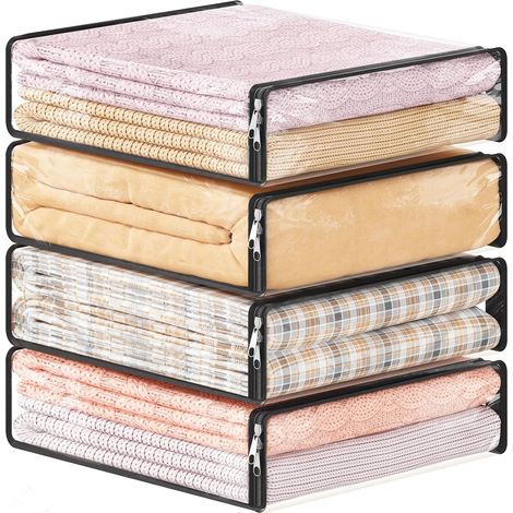 Sac de Rangement Transparent, Sac Rangement Vetement Pliable, Housse Rangement Vetement en Plastique, Rangement sous Lit pour Couette, Vêtements, Pull, Serviette, Couverture, 14 L, Lot de 4 (1/5)