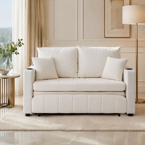 Canapé convertible en chenille beige, 2 places, avec rangement, USB et porte-gobelets DESVIAE (1/5)