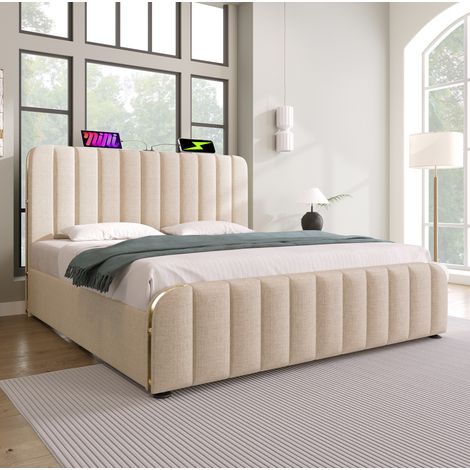 Letto matrimoniale imbottito 140x200 cm con contenitore, USB-C e materasso H3 beige OKWISH (1/5)