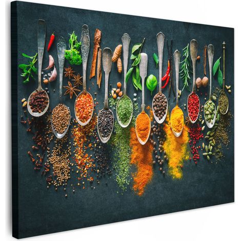 TABLEAU SUR TOILE Herbes - Épices - Cuillères Décoration Murale 40x30 cm