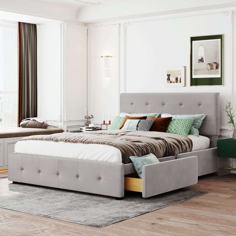 Lit double capitonné 140x200 cm avec 4 tiroirs de rangement et Tête de lit rembourrée réglable Lit adulte sommier velours Gris (1/5)