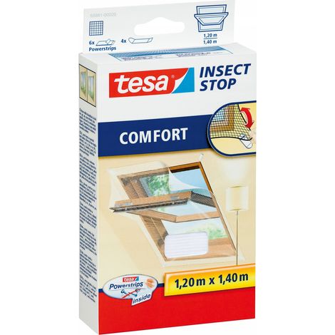TESA Moskitonetz für Dachfenster, weißes Insektenschutznetz, Klettverschluss, 1,2 x 1,4 m