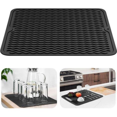 Tapis d'égouttage en silicone noir, 30 x 40 cm, séchage rapide, résistant à la chaleur et antidérapant. (1/4)