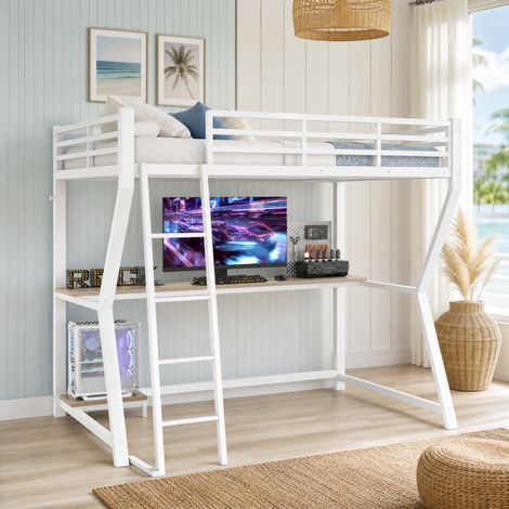 Cama alta 90x200 cm de metal blanco, ahorra espacio para dormitorio, sin colchón FLORAGRACE (1/5)