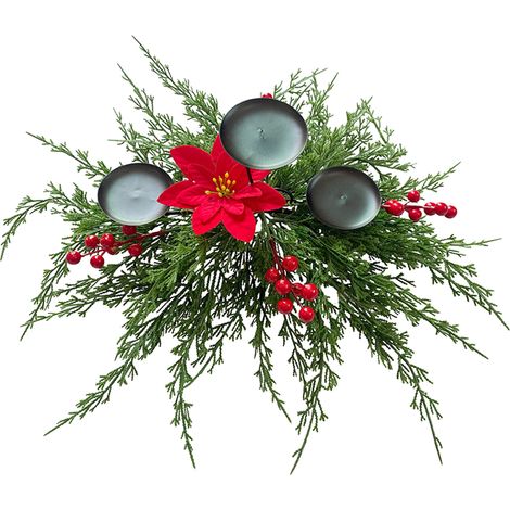 Bougeoir de noël rustique à 3 plateaux, chandelier avec Branches de pin et de cèdre, baies rouges pour centre de Table à manger de vacances (1/5)