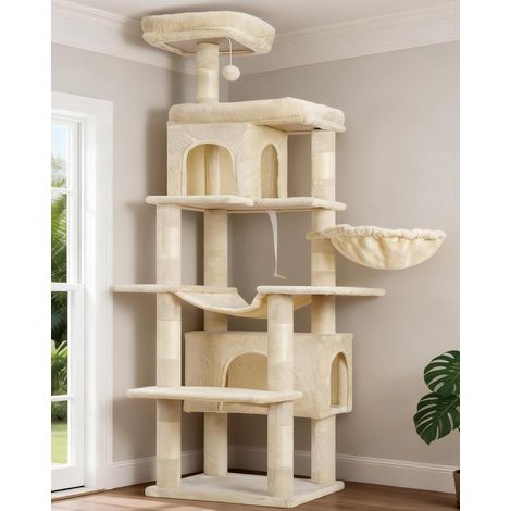 Arbre À Chat, De 178 cm De Hauteur, Colonne À Griffer pour Les Chats D'Intérieur, Arbre À Chat Multi-Étagé avec 8 Colonnes À Griffer, 2 Trou, 2 Plateformes, Hamac, Panier, Beige HCT036M (1/5)