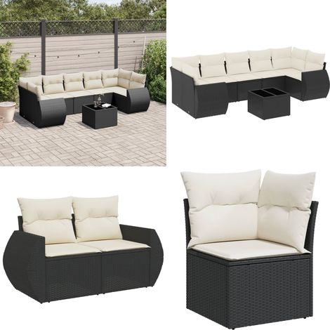 Salon de jardin 8 pcs avec coussins noir résine tressée - Ensemble Salon De Jardin - Meuble De Jardin - Jardin Design - Mobilier Exterieur - Chaise Lounge - Home & Living (1/5)