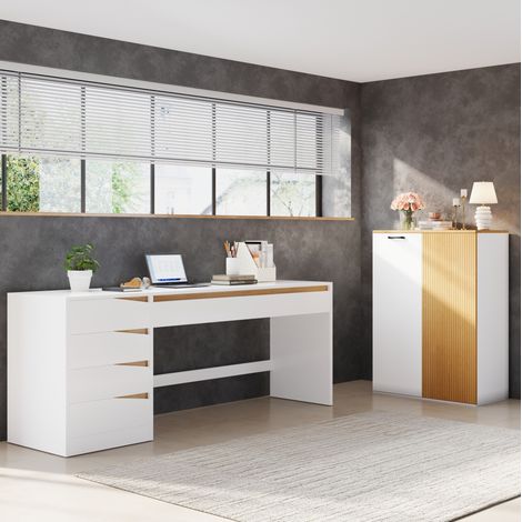 Ensemble bureau 140x50 cm MDF blanc et décor chêne, rangement gain de place pour bureau – MEUBLIV (1/5)