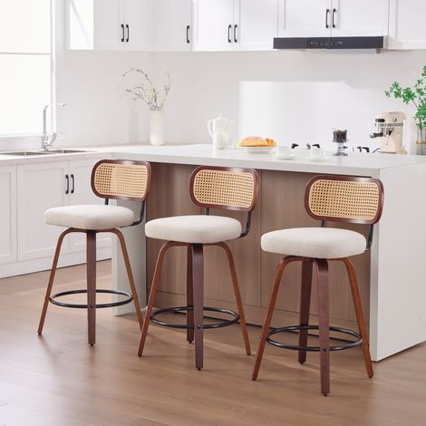 Lot de 3 Tabourets de Bar Pivotants Beige, Assise Lin Dossier Rotin Chaise Haute Cuisine, Vintage Milieu du Siècle (1/4)