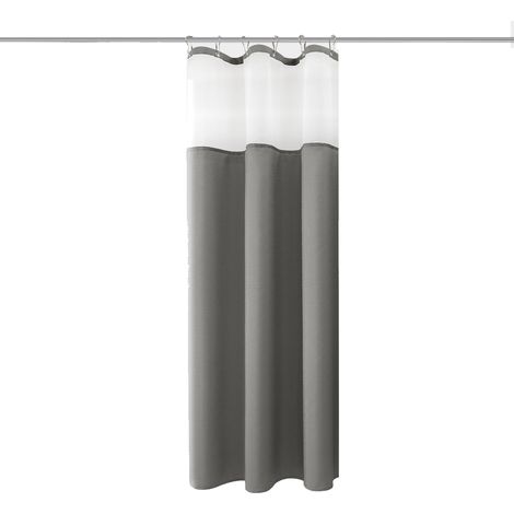 1 rideau de douche, style lin texturé, sans crochets, avec doublure à clipser, gris, pour salle de bain (1/5)