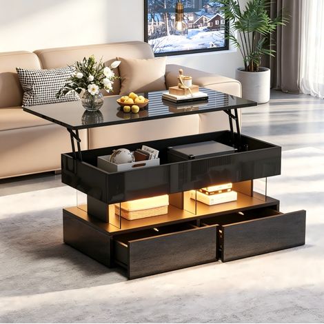 Table basse 100x50x46 cm noire – plateau relevable, LED et 2 tiroirs, MDF et acrylique MEUBLIV (1/5)