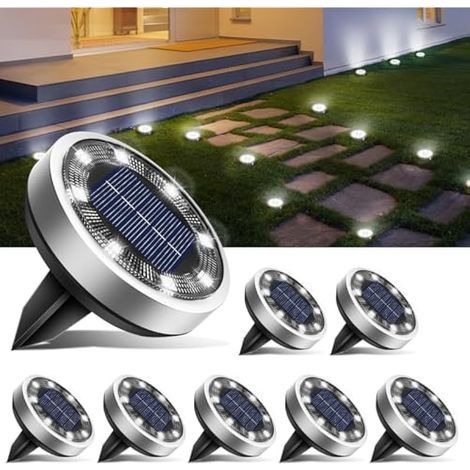 Lot de 8 Lampe Solaire Au Sol, 8 LED Jardin Exterieur Solaire Etanche Lumiere Solaire, Spot Solaire Extérieur pour Chemins Pelouse Terrasse Allée Cour Piscine, Blanc Froid (1/5)